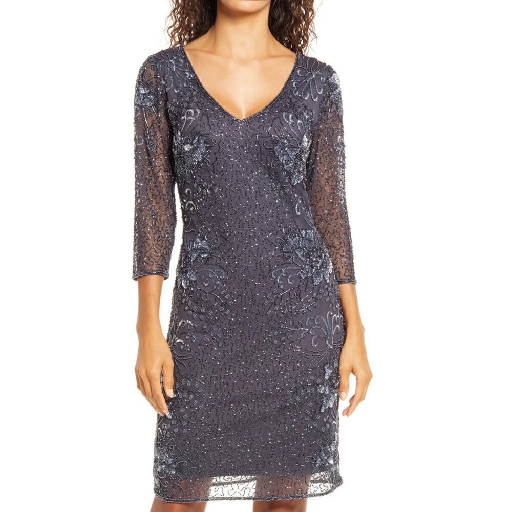 Pissaro Nights Dress Beaded Mesh 3/4 Sleeve V-Neck Cocktail Sheath Slate NWT 16